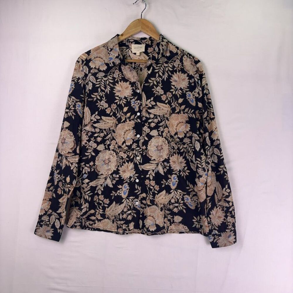 Sezane Navy Floral Button-Down Shirt